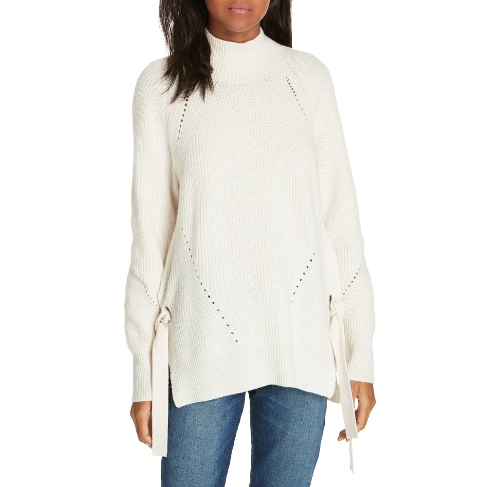 Rebecca Taylor Merino Wool Blend Mock Neck Angle Rib Knit Tie Sweater Size M